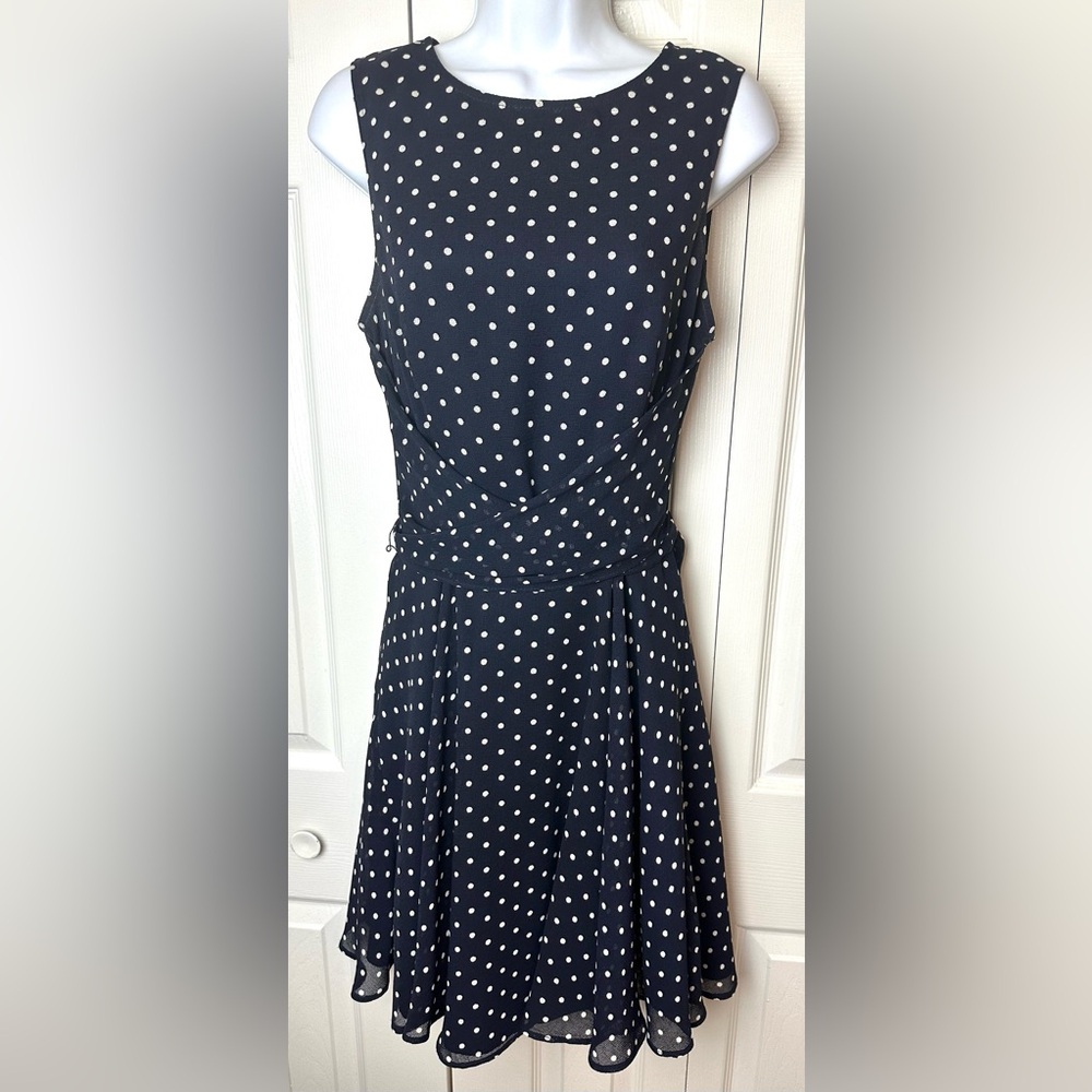 JOSEPH RIBKOFF Polka Dot Dress Navy Blue White Fit & Flare Wrap Tie Bow Waist - Picture 11 of 11